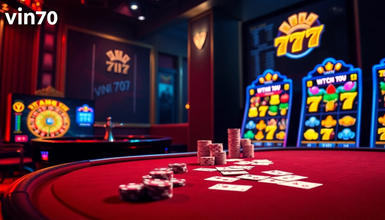 vin777 poker action at a vibrant casino table with chips and cards.