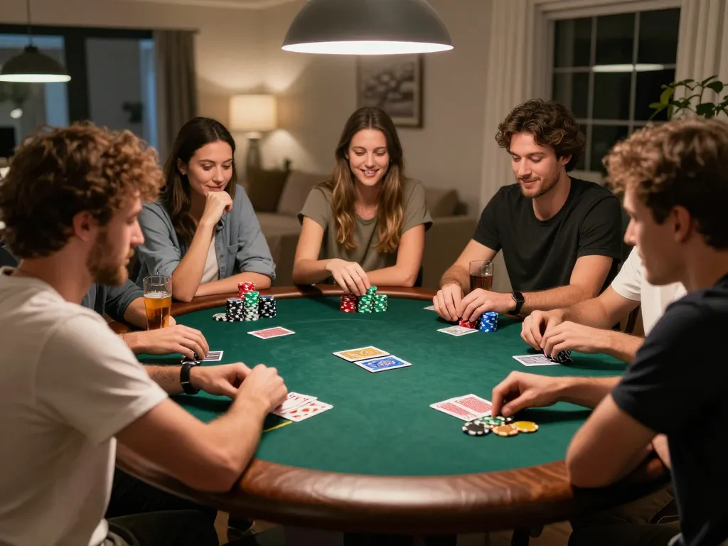 Playing poker at home during a friendly game night, as friends enjoy a relaxed atmosphere while discussing hidden wiki tips.