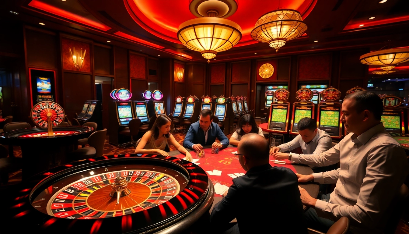 FB88 gaming excitement with roulette and poker action in a luxurious casino setting.