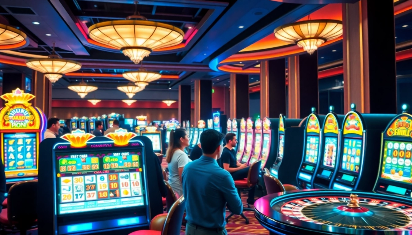 Experience the thrill of JAmUslOt with vibrant slot machines and excited players in a luxurious casino.