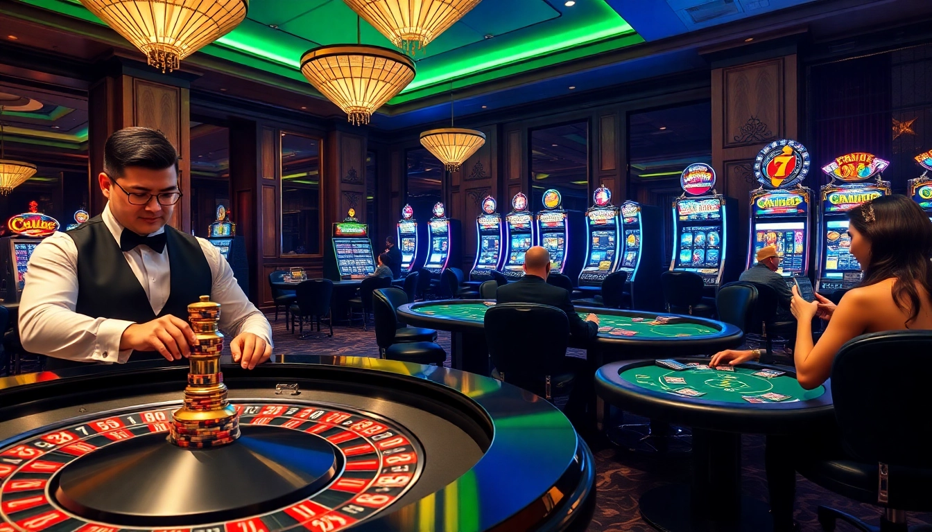 Experience high-stakes gaming at PG88 with an immersive casino atmosphere, featuring poker tables and slot machines.