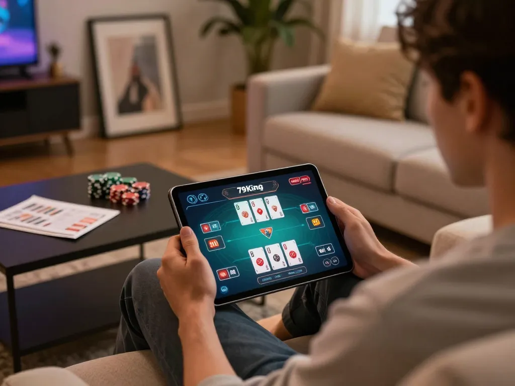 Engaging player using 79king tablet app with betting strategy notes on the table