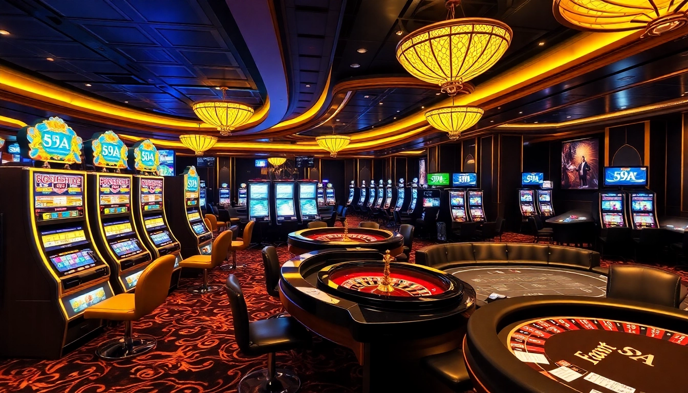 Jogadores desfrutando de uma experiência de cassino vibrante na 59A com mesas de alto padrão e máquinas caça-níqueis luxuosas.