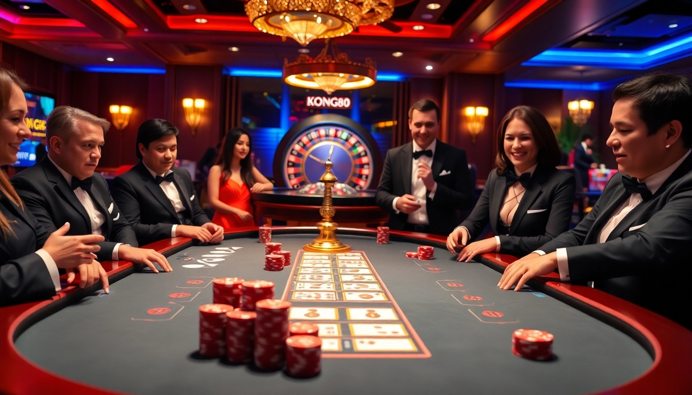 KONG88 poker players engaging at a luxurious casino table with vibrant chips and cards.