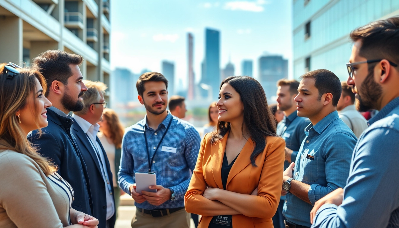 Engaging professionals connecting through construction networking at an urban event.