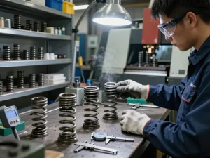 Inginer examinând arcuri conice într-un atelier de industrie grea, înconjurat de unelte și mașini.