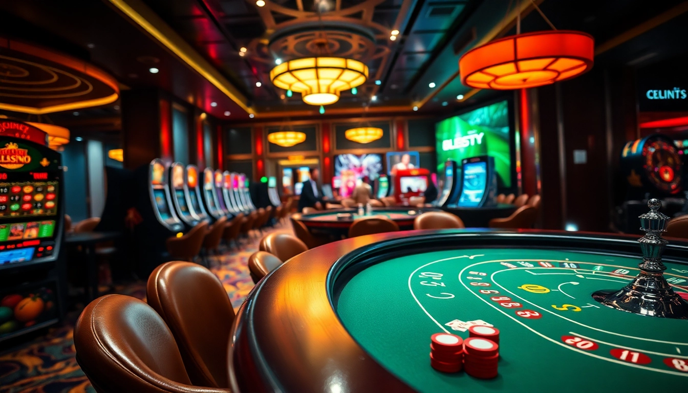 Players enjoying high-stakes action at https://f1686s.com/ casino with vibrant slot machines and poker tables.