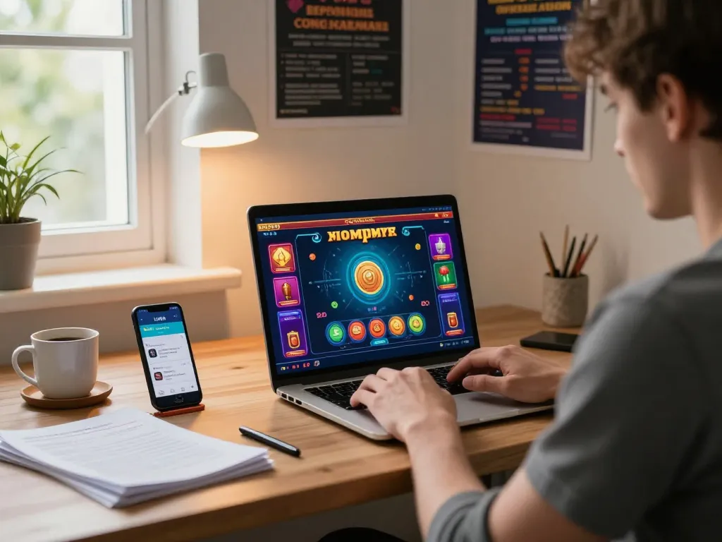 Engaging in online gaming at uu88 with a laptop and betting app in a cozy home office.