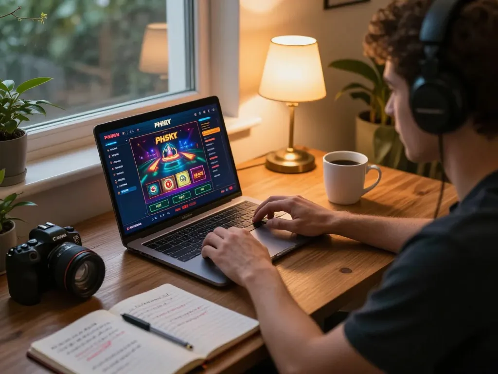 PHSKY player engaging with online casino games on laptop in cozy home setup, showcasing strategic gambling atmosphere.