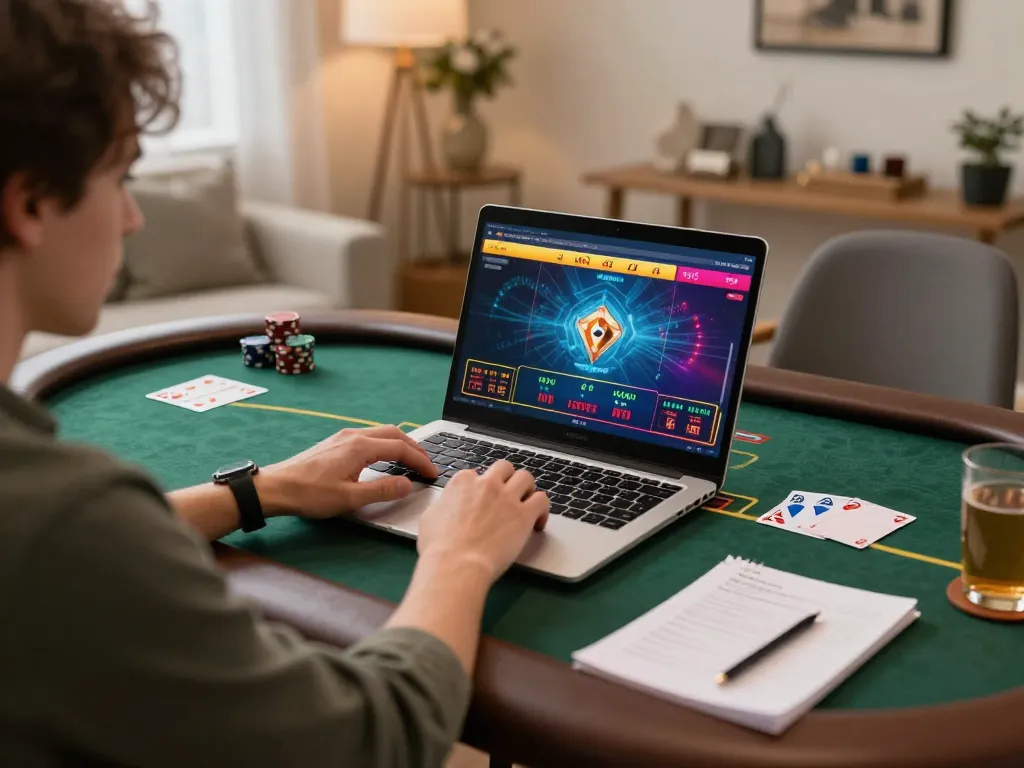 MB66 online casino player interacting with a laptop for a poker game, comfortable home setting