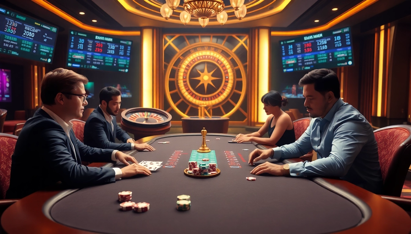 UU88 players strategizing at a poker table in a luxurious casino setting.
