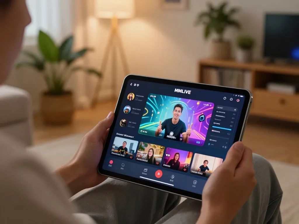 Players enjoying the MMLIVE app on a tablet for vibrant gaming experiences at home