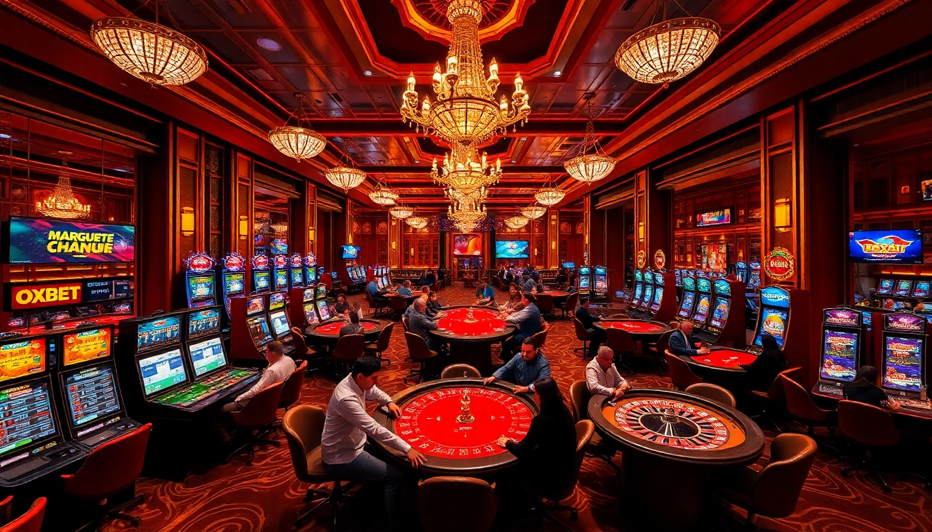 Experience the excitement at OXBET's luxurious casino gaming floor with vibrant tables and slot machines.