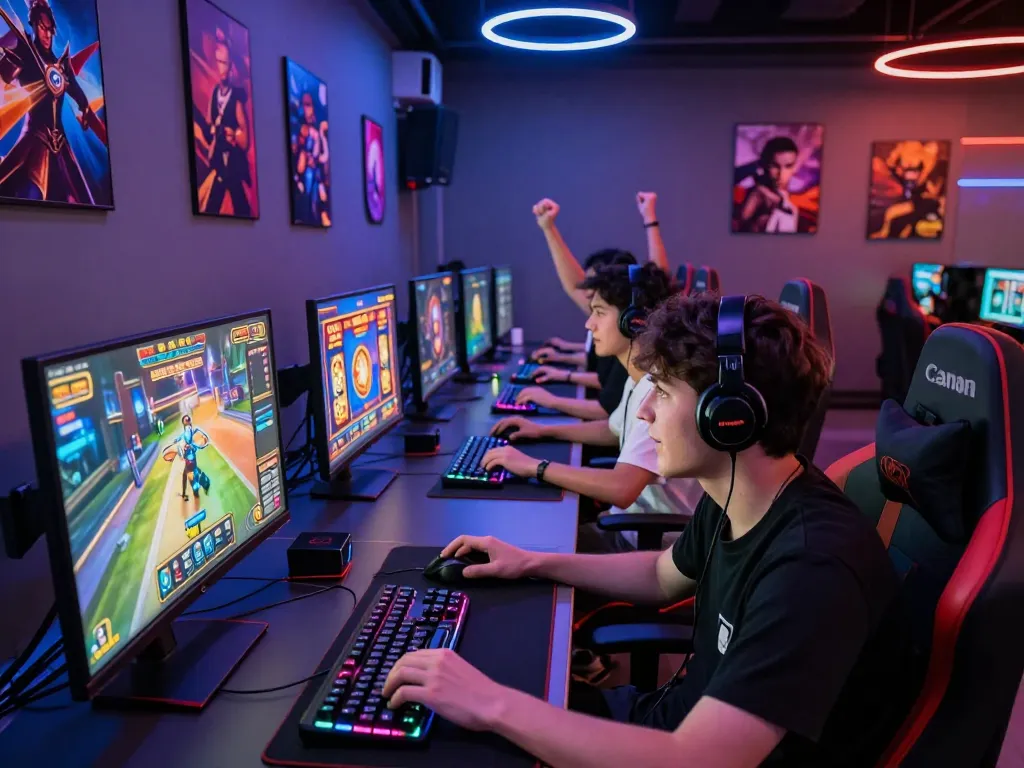 Gamers enjoying thrilling slot games at vegasslot77.com in a vibrant gaming lounge