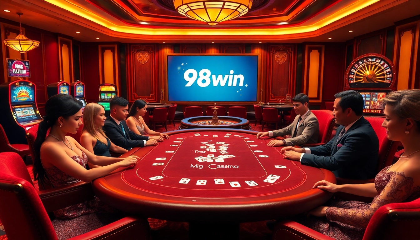 Experience high-stakes gaming at 98win with vibrant poker chips and thrilling slot machines.