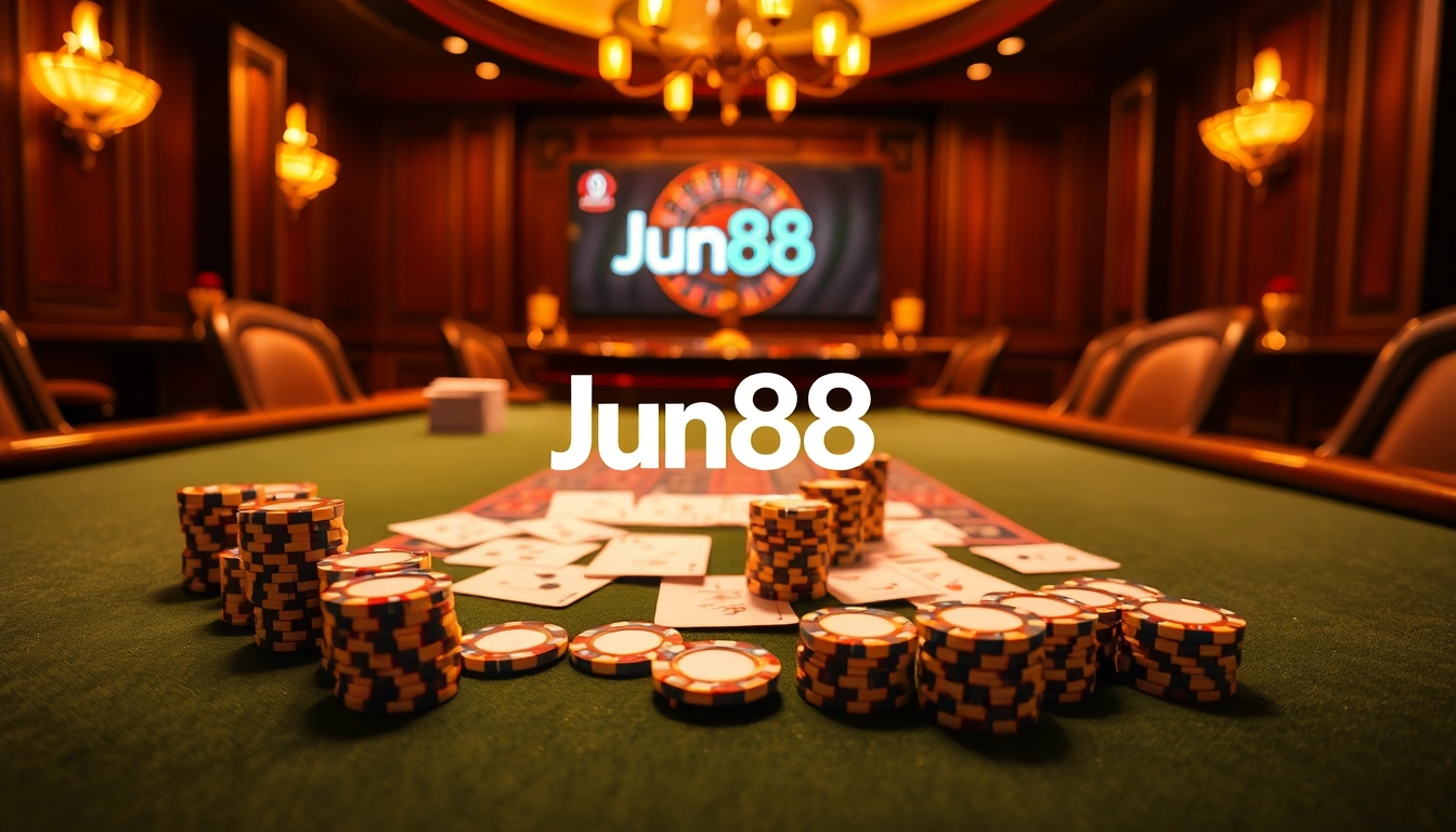 Engaged players enjoying an exciting poker game at Jun88 casino, featuring vibrant poker chips and cards.