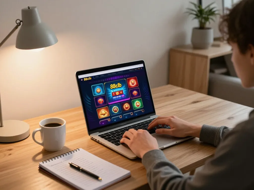 Player engaging with 88clb online casino on a laptop, showcasing exciting gaming strategies.