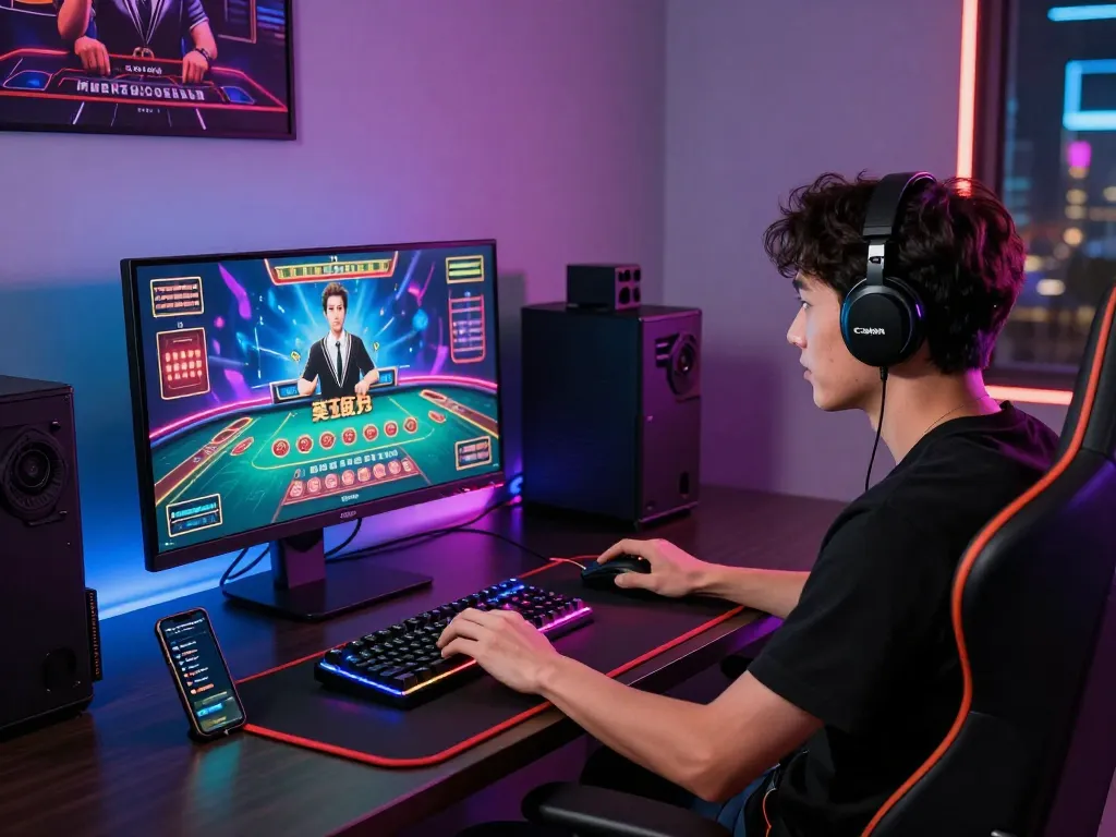 Gamer enjoying a baccarat game on a modern setup, showcasing optimal 바카라사이트 gaming environment.