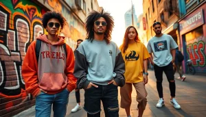 Discover trendy streetwear clothing brands showcased by influencers in an urban setting.
