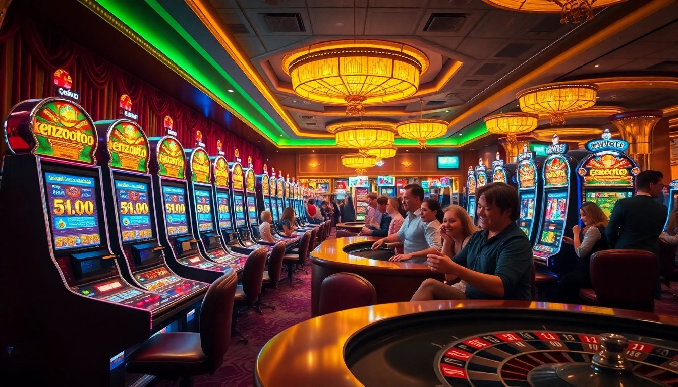 Experience the thrill of kenzototo with players winning big at vibrant slot machines in a luxurious casino setting.
