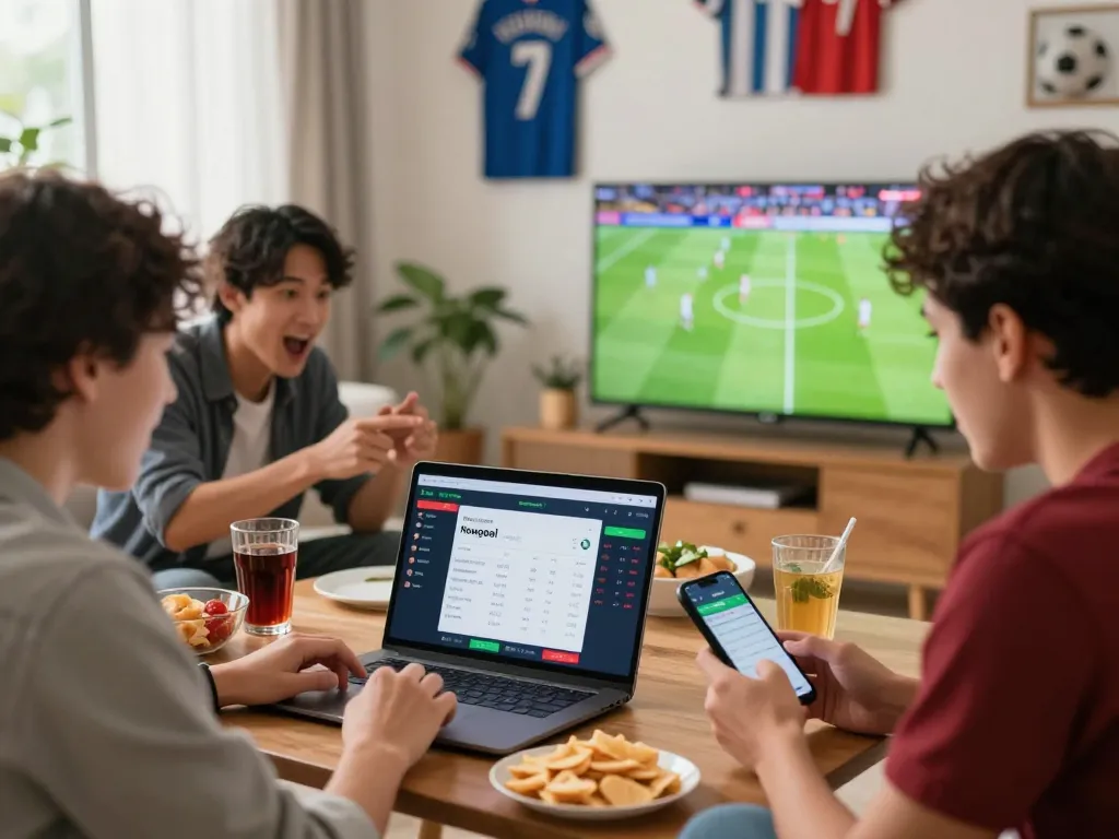 A group of friends engaging with live football betting on Nowgoal in a cozy living room atmosphere.