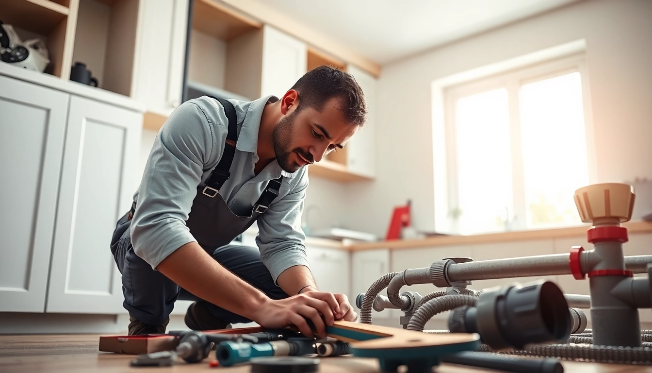 Engaged plumber demonstrating skills during a plumbing apprenticeship in a well-lit kitchen.