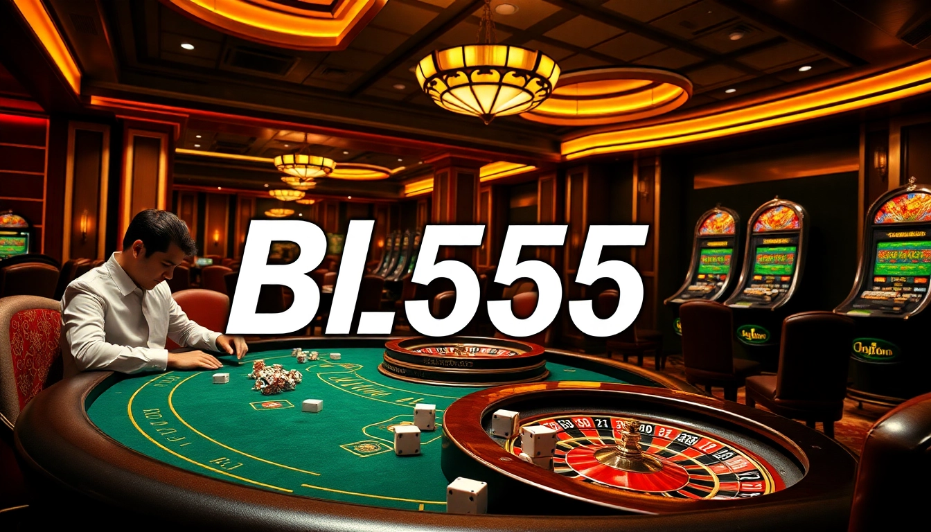 Betting action at Bl555 casino with vibrant poker tables and roulette wheels.