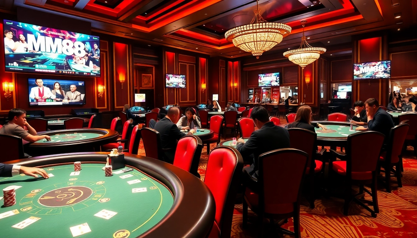 Experience the thrill of MM88 with vibrant casino tables and engaged players in action, showcasing luxury in gambling.