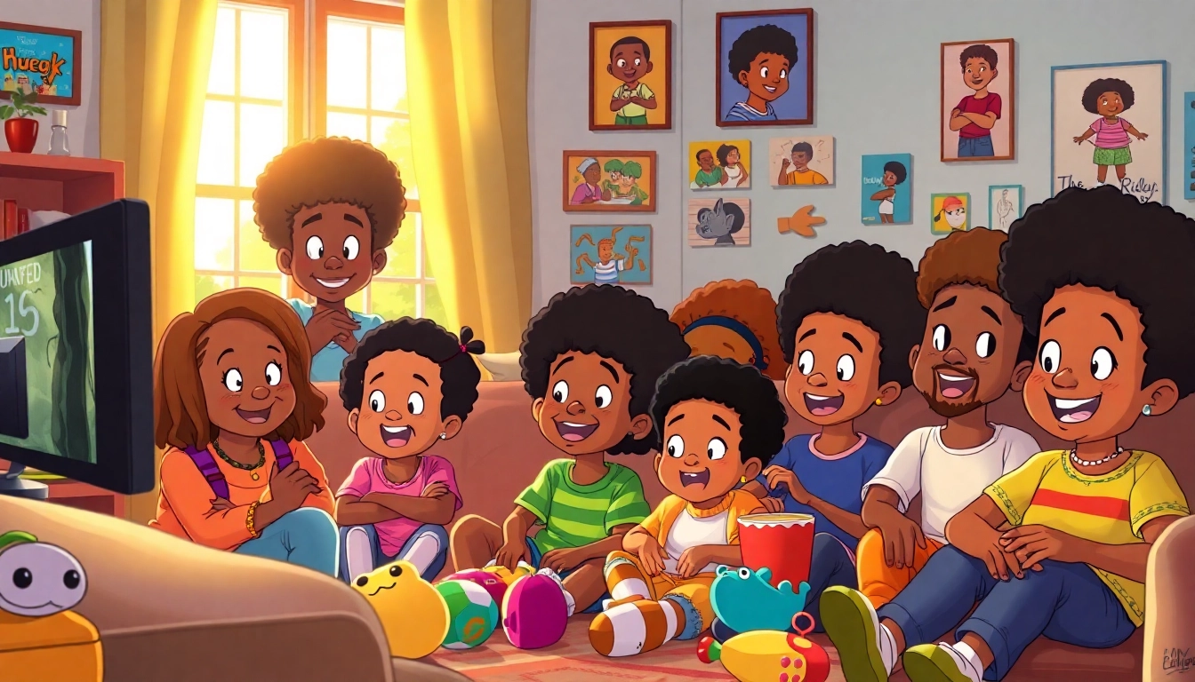 Children enjoying African American Cartoons in a cozy living room, showcasing diversity and culture.