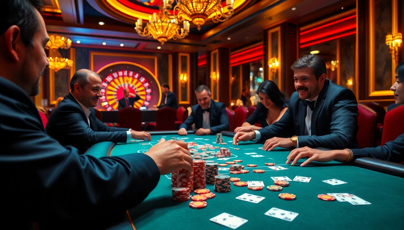 Pemain yang terlibat di meja poker IDN dalam suasana kasino yang mewah, penuh dengan kegembiraan dan warna yang kaya.