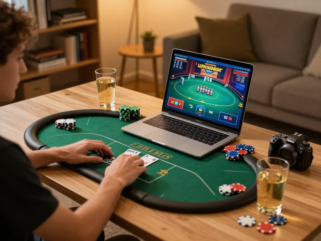 Kuwin player enjoying online poker game on a laptop in a cozy home setup with chips and drinks.