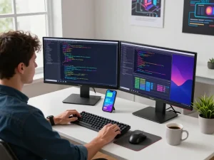 Developer coding at a modern workspace with dual monitors while optimizing telegram 下载 for the best user experience.