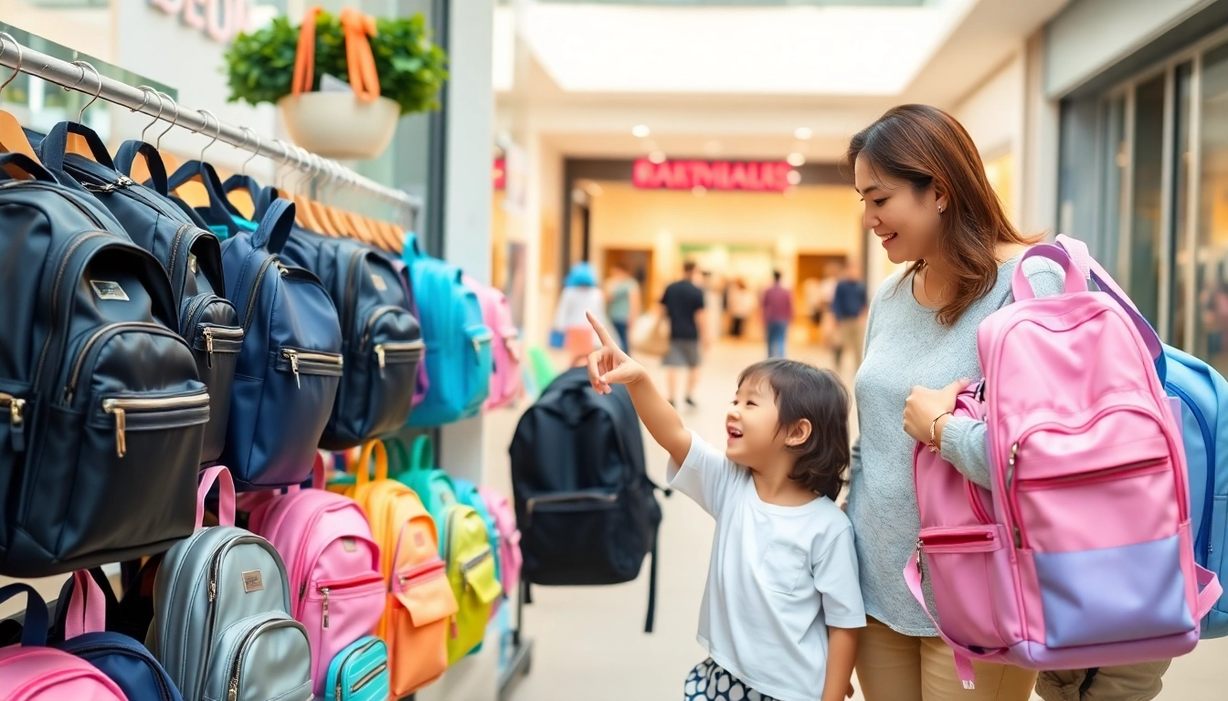 活気あるショッピングの場で、親子がスタイリッシュなランドセル アウトレットの選択肢を探る。