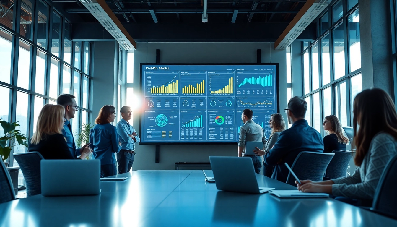 Visualize competitive intelligence FAQs through a proficient team analyzing data in a bright office setting.