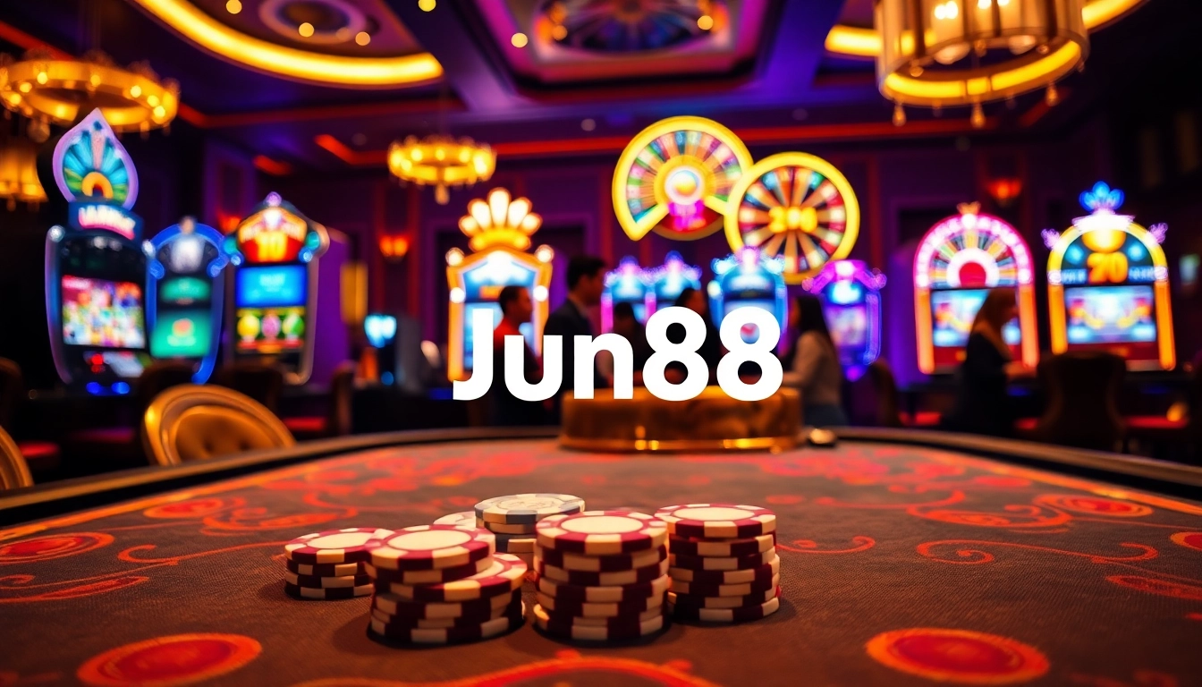 Experience the thrilling atmosphere of Jun88 with vibrant casino visuals of tables and games.