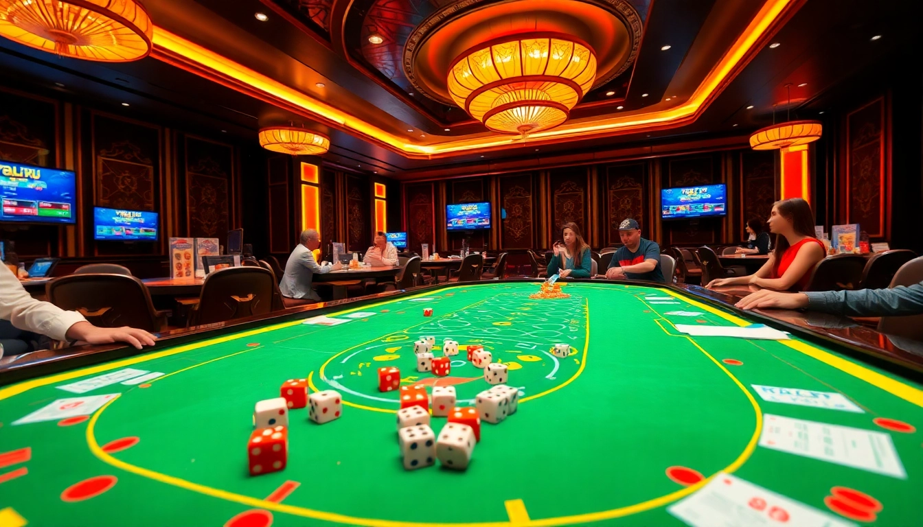 Players engaged in an exciting Tài Xỉu game on https://taixiumd5.fan/, showcasing vibrant dice and a luxurious casino atmosphere.