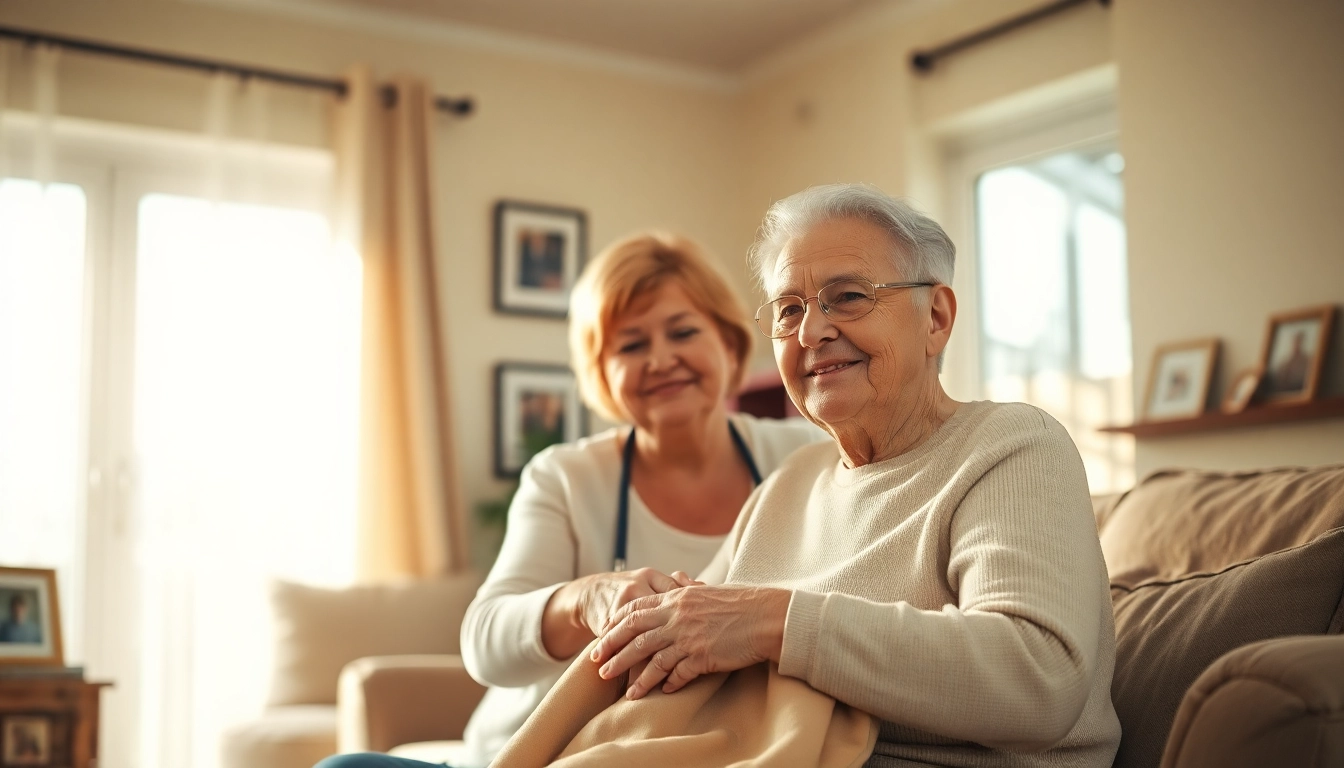 Engage in home respite care with a compassionate caregiver supporting an elderly individual in a comfortable setting.