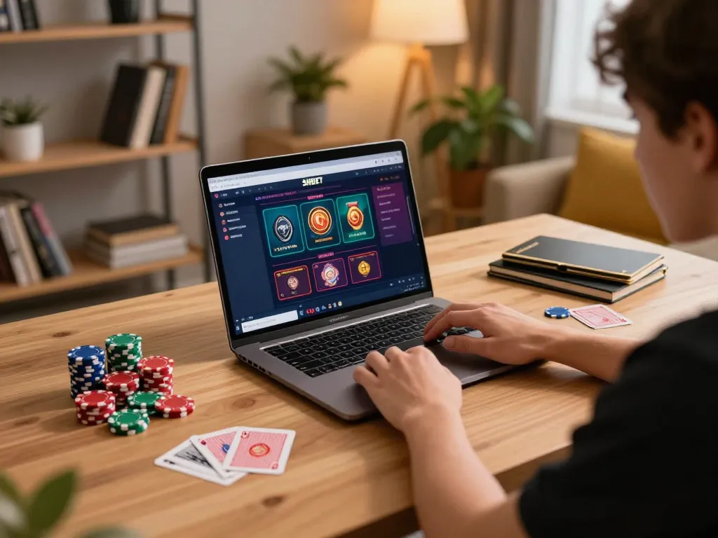 SHBET user engaging in online casino gaming on a laptop, showcasing a cozy and strategic gaming atmosphere.