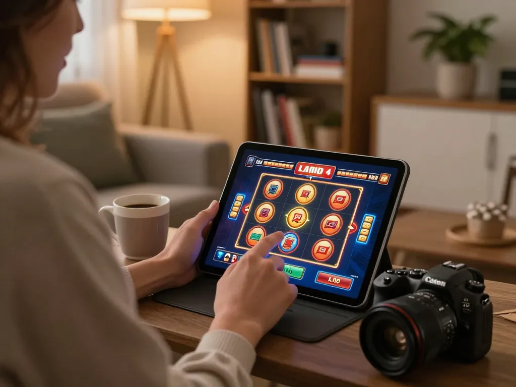 Engaging in a thrilling slot thailand gaming experience on a tablet in a cozy home setting.