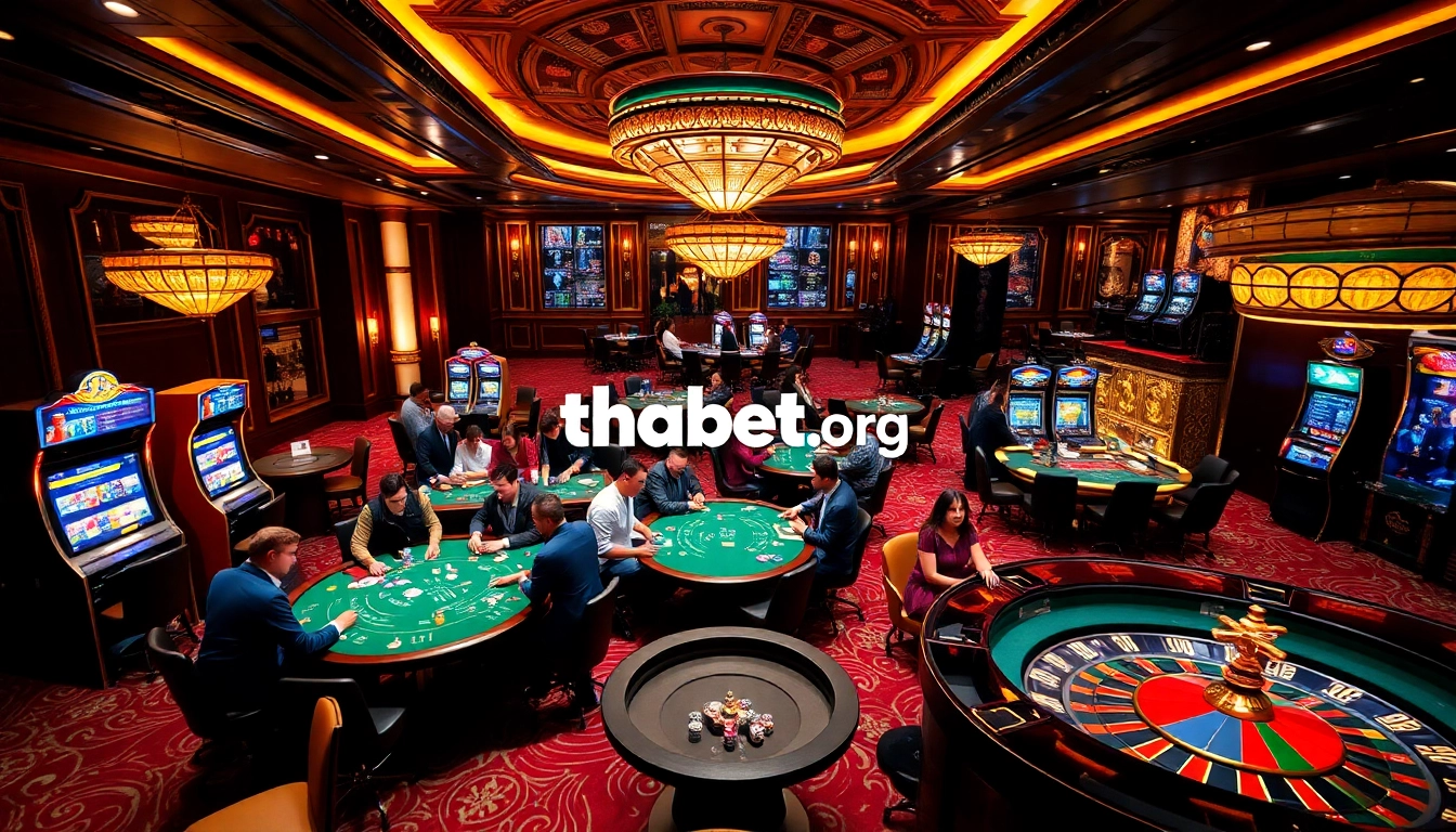 A vibrant casino scene at thabet org showcasing players enjoying poker and slot machines.