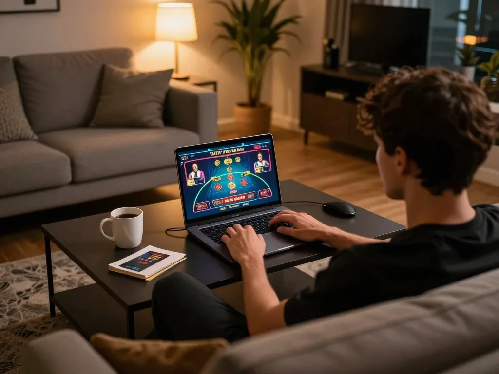 Player enjoying TG88 online gambling experience in a cozy living room with engaging laptop game.