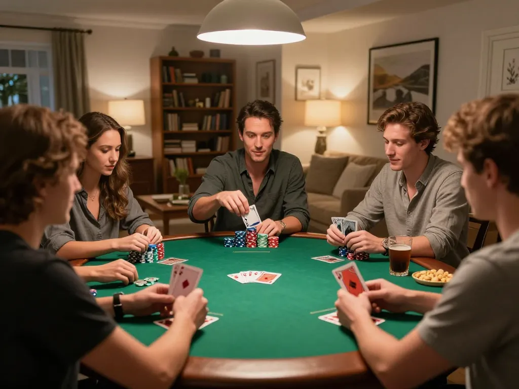Friends enjoying a poker game at home, showcasing the excitement of Da88-level competition.