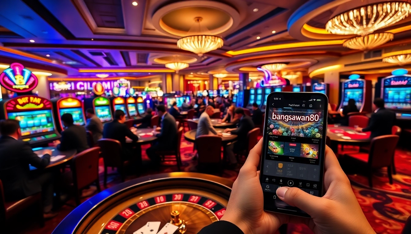 Experience high-stakes excitement at bangsawan88 with players enjoying casino tables and slot machines.