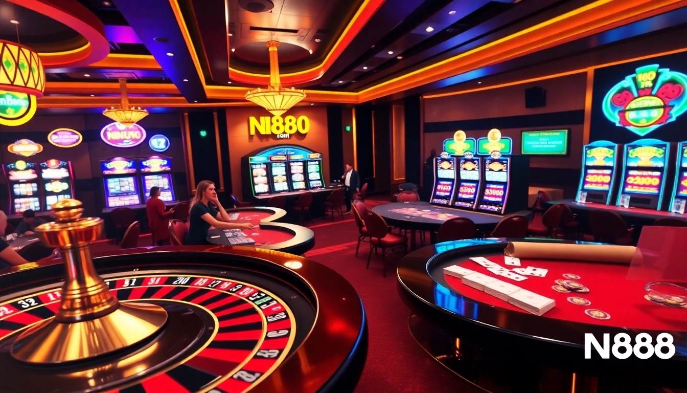 NK88 players engaging with vibrant casino tables and a spinning roulette wheel.