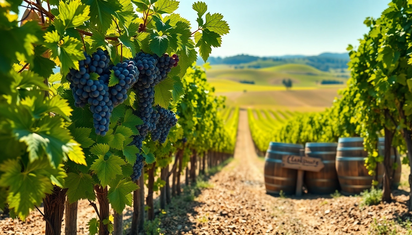 Experience Clarksburg wines through this elegant vineyard landscape with lush grapevines and barrels.