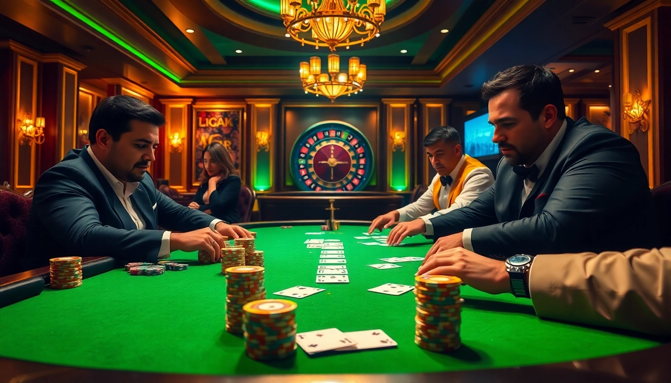 LUCK8 poker players strategizing at a lavish table, highlighting high-stakes excitement.