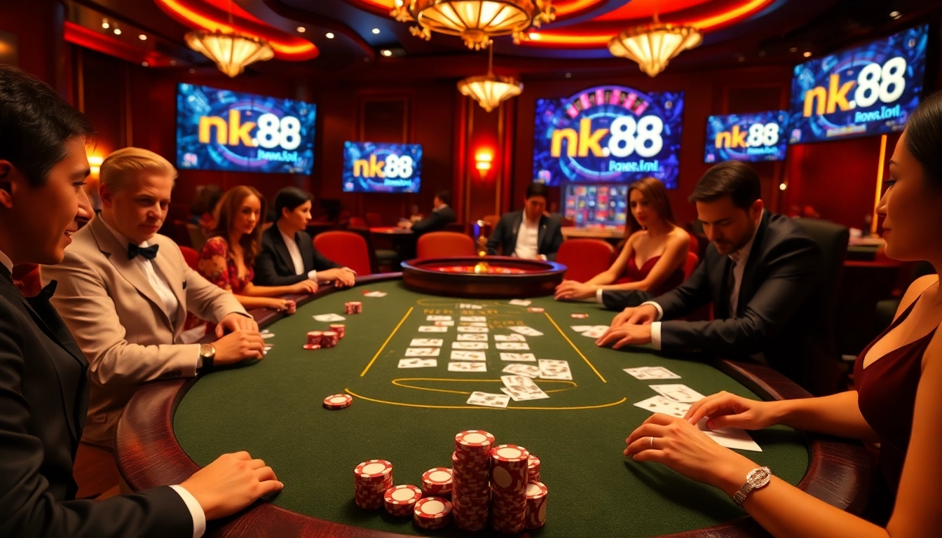 Experience high-stakes poker at nk88.onl with vibrant elements and luxury gaming atmosphere.