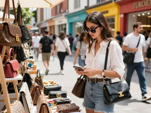 Explore luxury 레플리카 handbags in a vibrant shopping district.