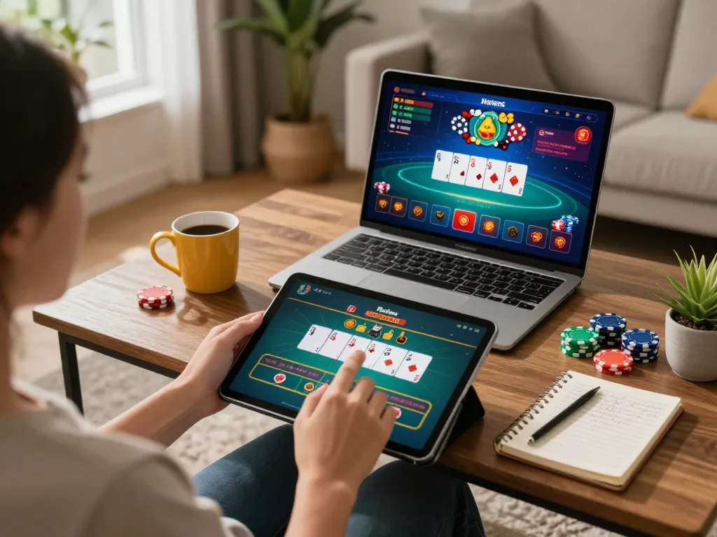 Engaging with online casino at home through a tablet, showcasing vibrant gaming action on https://nk88.autos/ in a comfortable setting.