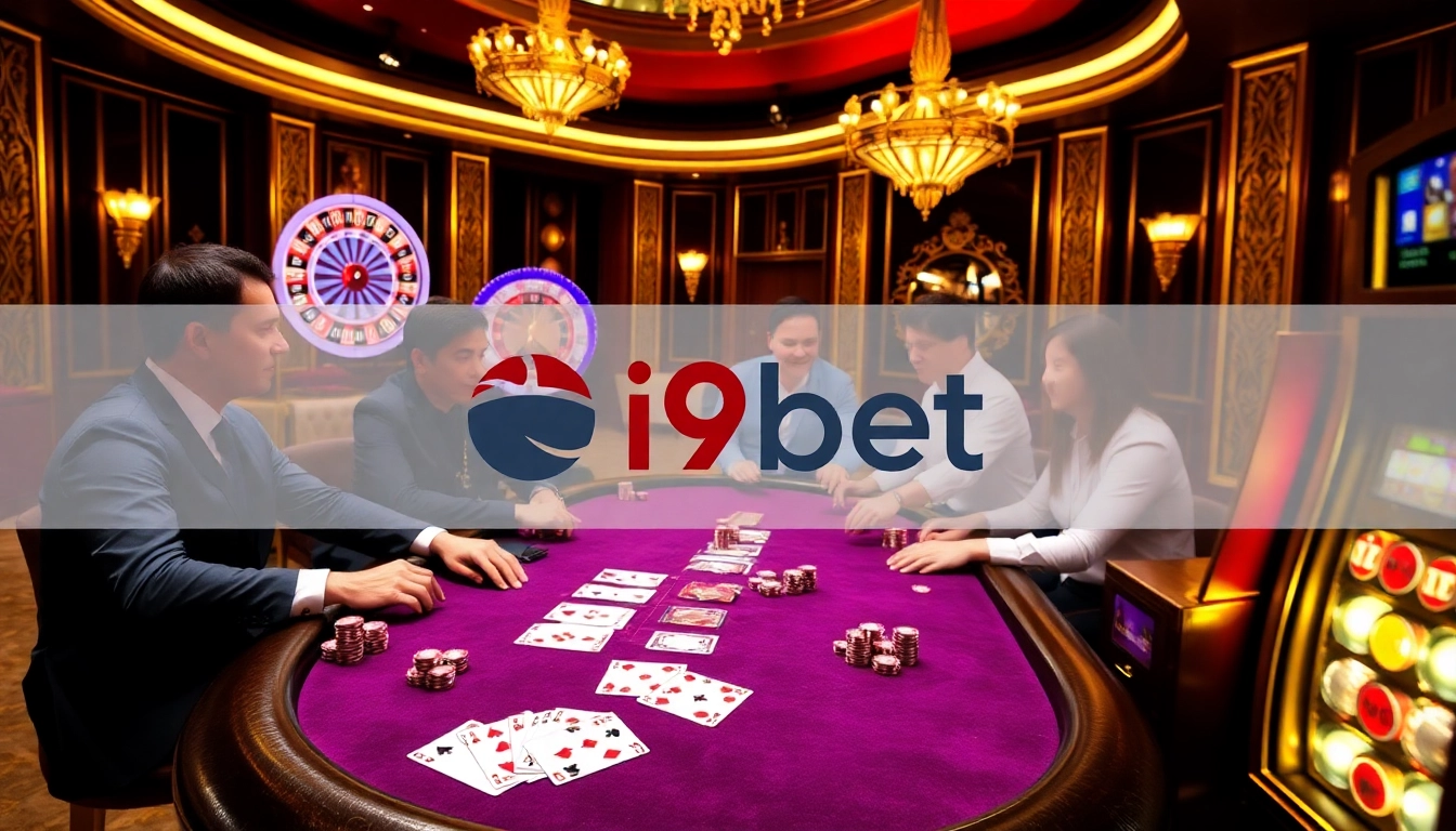 I9BET gaming scene with poker table, chips, and slot machine showcasing excitement and luxury.